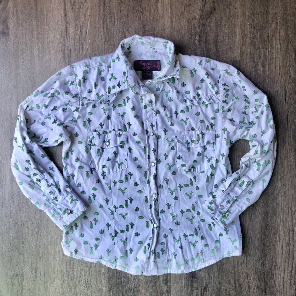 Cowgirl Legend Pearl Snap Shirt Girls L Cactus Succulent Western Equestrian